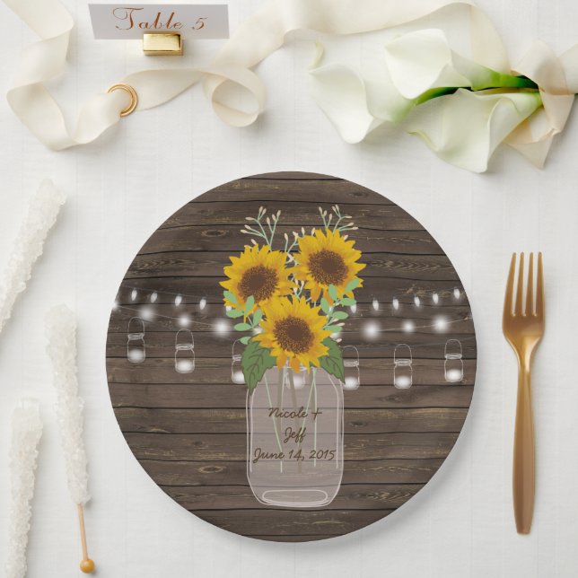 Prato De Papel Sunflower Country Wood Mason Jar Wedding (Casamento)