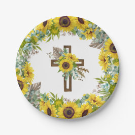 Prato De Papel Sunflower Eucalyptus Palm Boho Cross Baptism