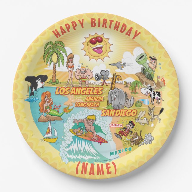 Prato De Papel Sunny California Beach Birthday Plate (Frente)