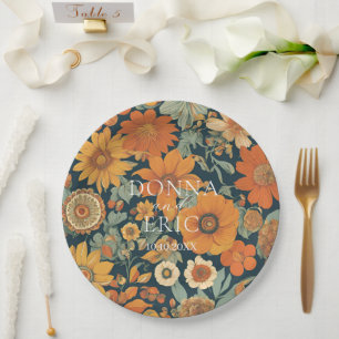 Prato De Papel Sunset Blooms: Casamento Floral Laranja da Vintage