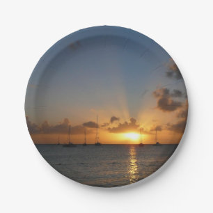 Prato De Papel Sunset com Imagem de Paisagem Tropical de Barcos d