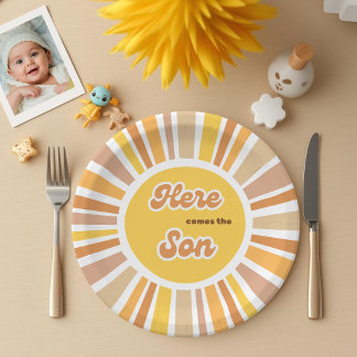 Prato De Papel Sunshine Baby Shower Boho Retro Yellow Sunshine