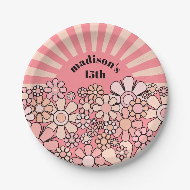 Prato De Papel Sunshine Retro Garden Pink Flowers & Sun Birthday (Frente)