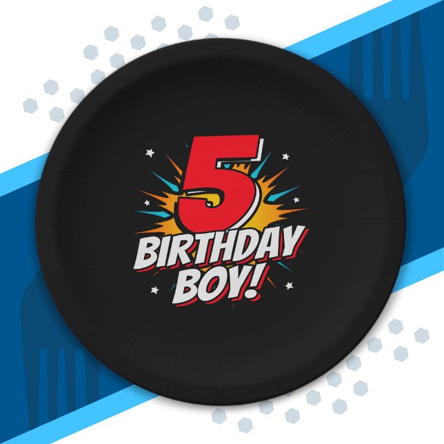 Prato De Papel Super-herói Birthday Boy - 5 anos - Aniversário 5 (Criador carregado)