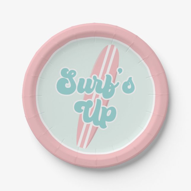 Prato De Papel Surfs Up Pink Beach Birday Plates (Frente)