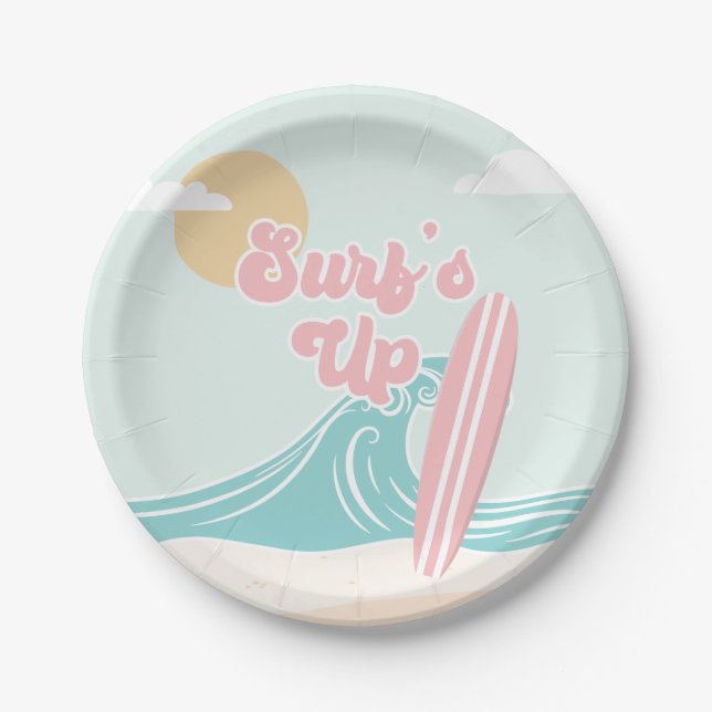 Prato De Papel Surfs Up Pink Beach Birday Plates (Frente)