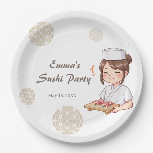 Prato De Papel Sushi Birthday Party Invitation with Cute Anime  (Frente)