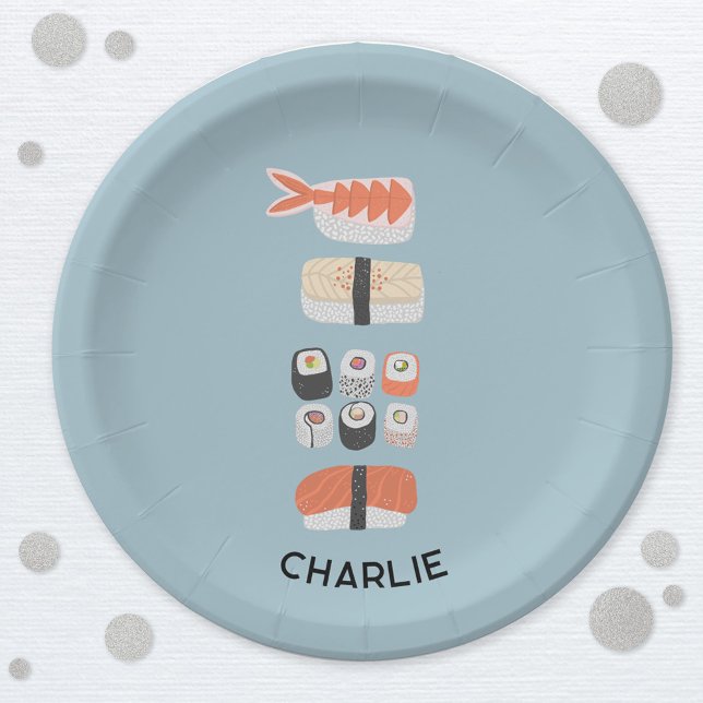 Prato De Papel Sushi japonês personalizado (Personalized name fun Japanese sushi food art paper party plate)