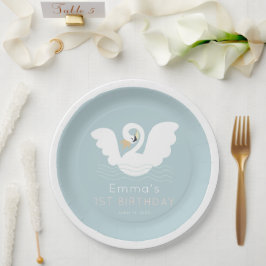 Prato De Papel Swan Princess Modern Blue Girl Birthday