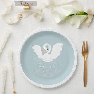 Prato De Papel Swan Princess Modern Blue Girl Birthday