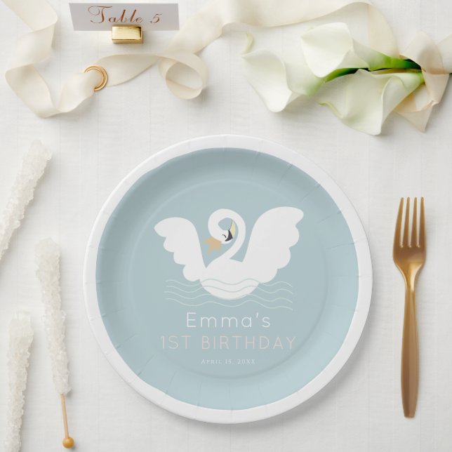 Prato De Papel Swan Princess Modern Blue Girl Birthday (Casamento)