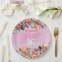 Prato De Papel Sweet 16 Colorful Tropical Flowers Disco Birthday