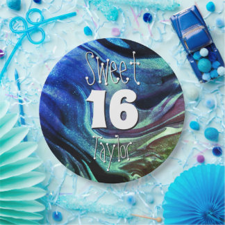 Prato De Papel Sweet 16 Green & Blue Marble Personalized