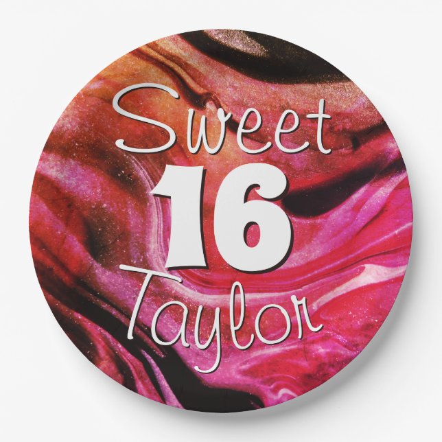 Prato De Papel Sweet 16 Red & Orange Marble Personalized (Frente)