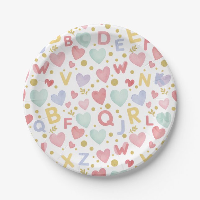 Prato De Papel Sweet Alphabet & Hearts Watercolor (Frente)