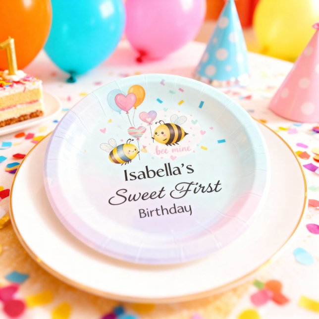 Prato De Papel Sweet Bee First Birthday Personalized  (Criador carregado)