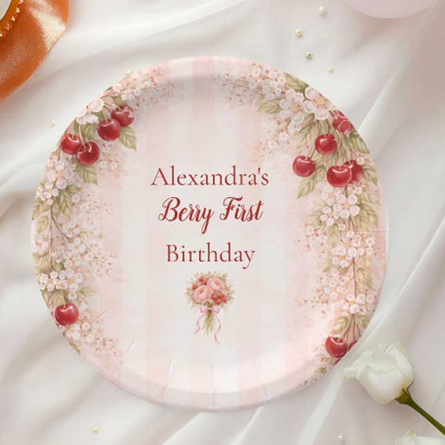 Prato De Papel Sweet Cherry Floral First Birthday 1st Birthday (Criador carregado)