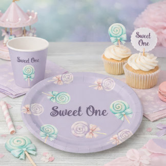 Prato De Papel Sweet One Pastel Lollipop First Birthday Paper