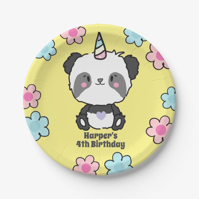 Prato De Papel Sweet Panda Unicorn Girls Floral Personalizado Pap (Frente)