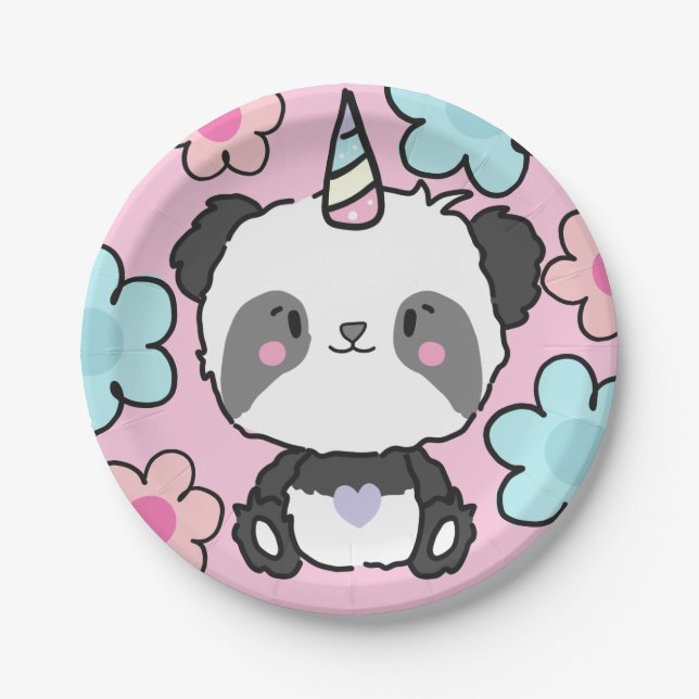 Prato De Papel Sweet Panda Unicorn Girly Floral (Frente)