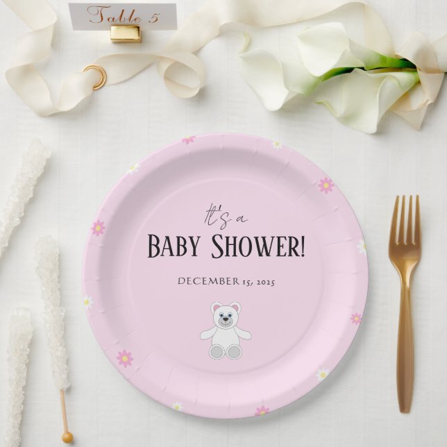 Prato De Papel Sweet Pink Teddy Bear Baby Shower Party (Casamento)