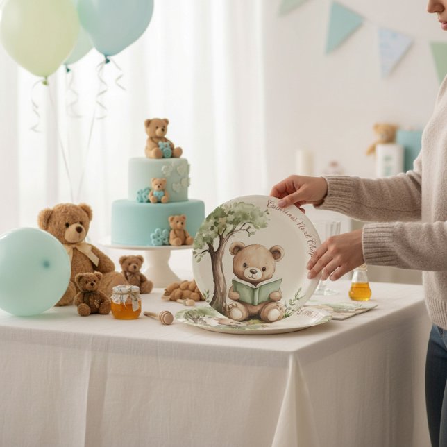 Prato De Papel Sweet Teddy Bear Book Lover Baby Shower Party  (Criador carregado)