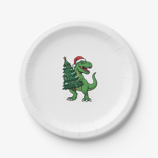 Prato De Papel T-Rex de Natal Carregando Árvore de Natal (Frente)