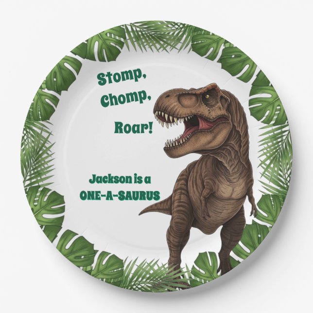 Prato De Papel T-Rex Roar Dinosaur Birthday Paper Plates (Frente)
