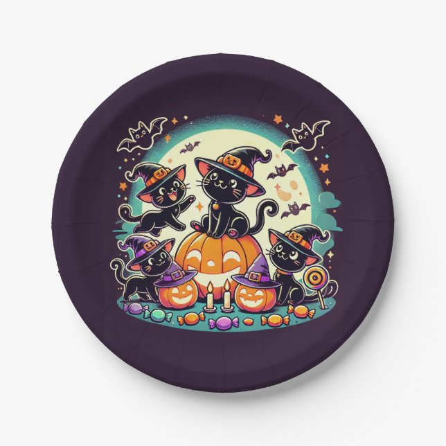 Prato De Papel T-Shirt de Gatos de Halloween (Frente)