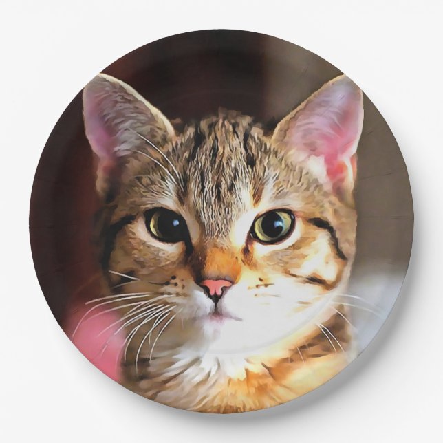 Prato De Papel Tabby Artístico Cat Kitten Retrato (Frente)