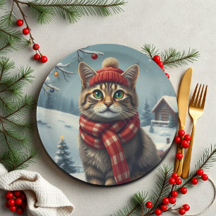Prato De Papel Tabby Cat em Preppy Winter Attyre and Hat