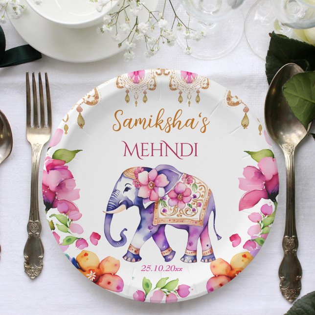 Prato De Papel Tabelas de elefantes do ornamentado de casamento i (Mehndi Indian wedding decorated elephant tableware personalized plates pink flowers elephant mehndi)