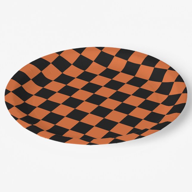 Prato De Papel Tabuleiro de Xadrez de Halloween Preto e Laranja  (Inclinado)