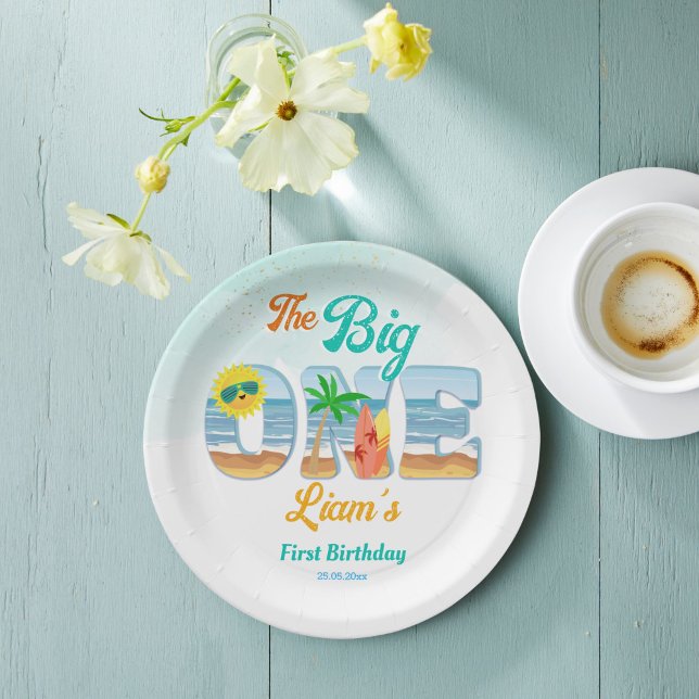 Prato De Papel Tabwares de aniversário de verão para a Grande One (Big One surfing beach summer birthday party personalized tableware monogram printed Paper Plates)