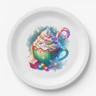 Prato De Papel Taça de Natal bonito de Aquarela com Cacau Quente