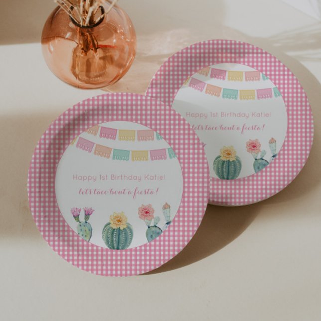 Prato De Papel Taco de vamos sobre Fiesta Cactus Papel Picado (Fun Mexican fiesta inspired cactus paper plates for girl birthday party or baby girl shower party)