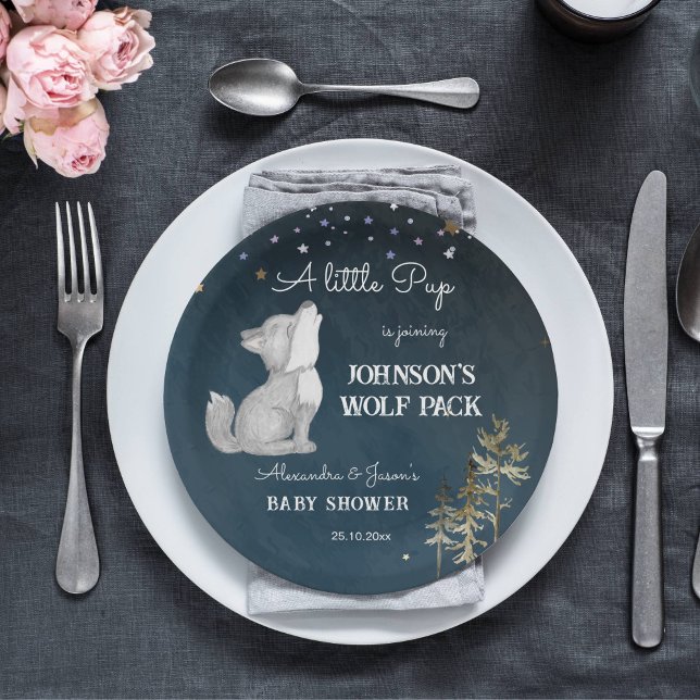 Prato De Papel Tambor de chá de fraldas de lobo pequeno (Wolf themed baby shower tableware personalized plates cute howling wolf cub starry night woodlands)