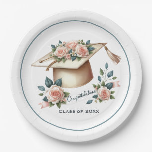 Prato De Papel Tampa de Graduação Elegante e Ilustração de Rosas