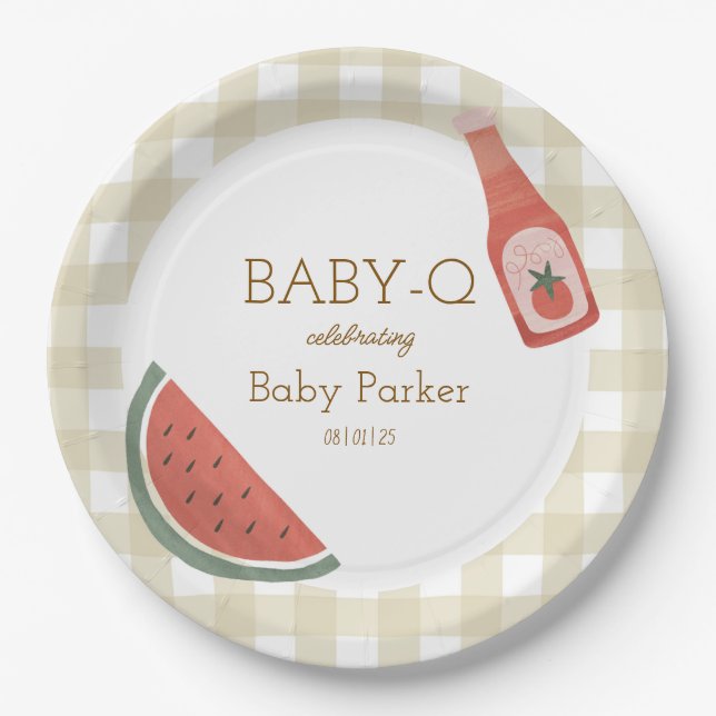 Prato De Papel Tan Gingham Baby-Q Circular Plate (Frente)