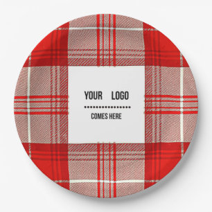 Prato De Papel tartan &branco vermelho - adicione o seu logotipo