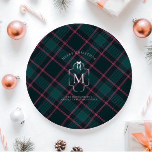 Prato De Papel Tartan Verde e Rosa   Natal com Monograma Personal