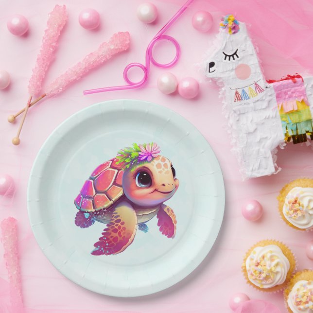 Prato De Papel Tartaruga-do-mar rosa, Whimsical & Cuide (Festa)