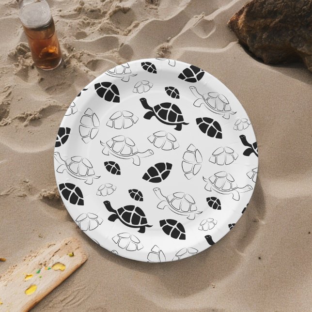 Prato De Papel Tartaruga Preto e Branco (black white turtle,birthday,wedding,baby shower,special occasion event paper plate party supplies)