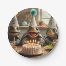 Tartarugas celebrando aniversário com bolo e chapé