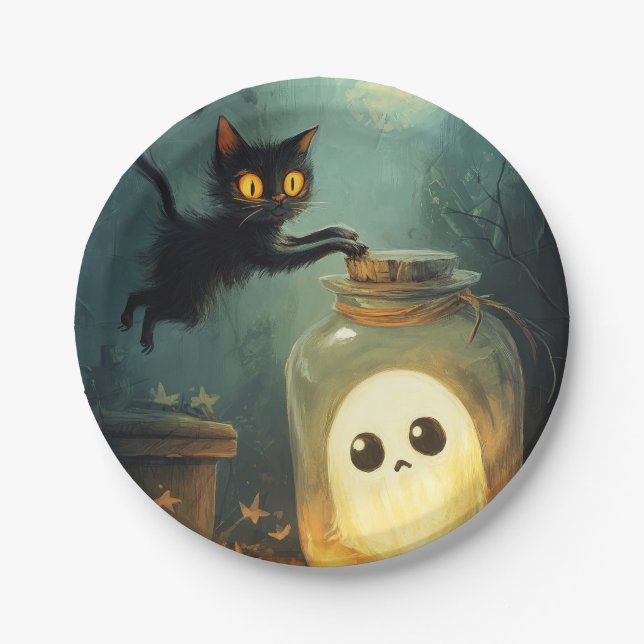 Prato De Papel Te peguei - Gato Halloween e Fantasma (Frente)