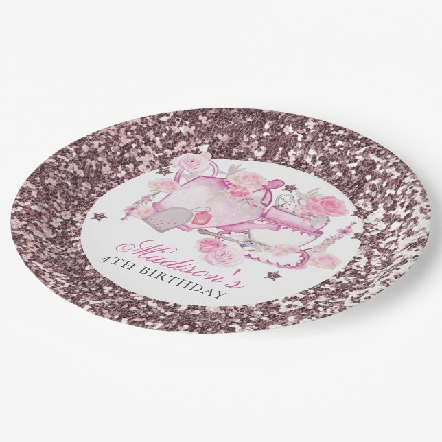 Prato De Papel Tea Party Glitter Personalizado Elegante (Inclinado)