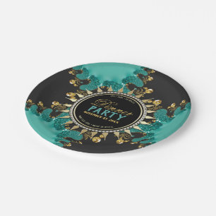 Prato De Papel Teal Black Fractal Fractal Swirl Jantar Party