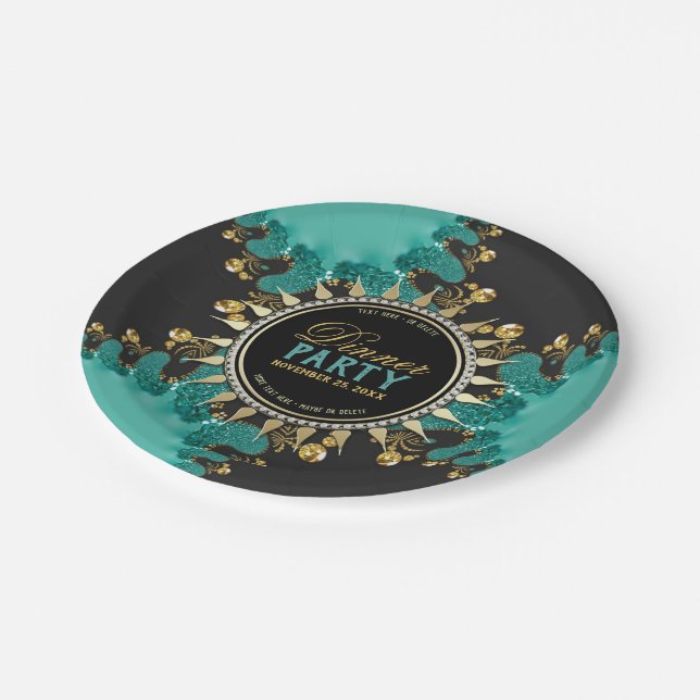 Prato De Papel Teal Black Fractal Fractal Swirl Jantar Party (Inclinado)