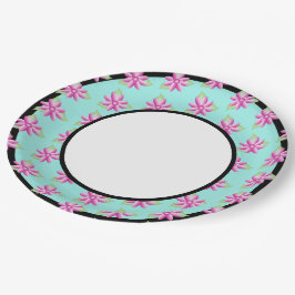 Prato De Papel Teal Brilhante com Flores Rosa Acentuadas em Preto