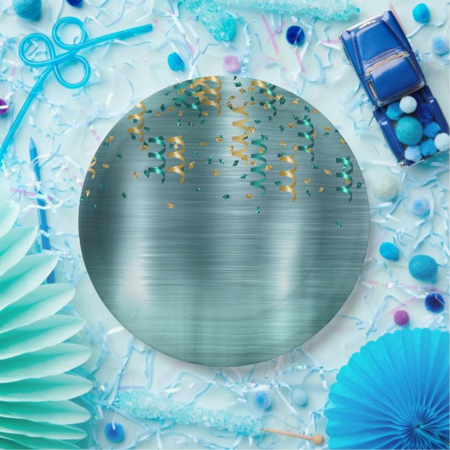 Prato De Papel Teal Dourado Confetti Birthday (Festa)